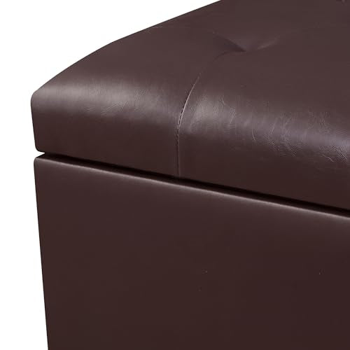 Adeco Faux Leather Storage Ottoman Bench with Safety Hinge, 23-Inch Upholstered Footrest Stool for Entryway & Living Room, Holds 350 lbs, Black - color: Matte Dark Brown - Leather