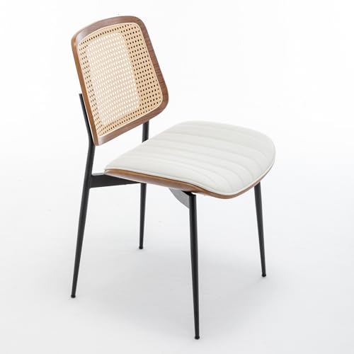 LUNLING Dining Chairs Set of 4 Mid Century Modern Retro White Faux Leather Kitchen Chairs with Walnut Bentwood Upholstered Seat Metal Legs Chair Adjustable Foot for Kitchen Dining Room - color: White, size: Set of 4