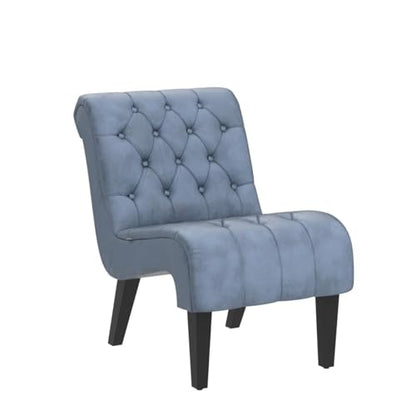 Comfy Velvet Accent Chair, Tufted Armless Side Chair with Rolled Edge | Modern Small Lounger for Living Room, Upholstered Reading Chaise Lounge with Solid Rubber Wood Legs, Blue - color: Blue, size: Set of 1