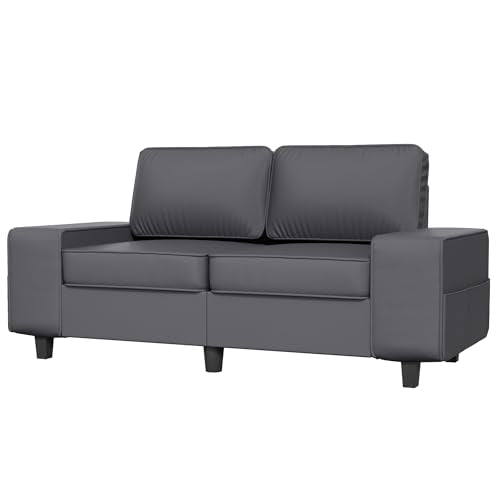 71" Leathaire Loveseat Couch, 2 Seater Retro Sofa with 4 Side Pockets, Removable and Washable Cushions, Living Room，Apartment, Office (Dark Grey) - color: Dark Grey Leathaire, size: 71 "