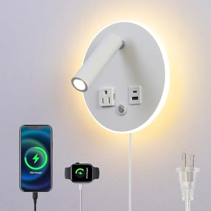 LED Round Wall Lamp Dimming Wall Mounted Reading Lights, Adjustable Headboard Plug in Wall Sconce with USB+USB C Ports, Headboard Bedside Lamp with 6W+3W Night Light 3000K (White) - color: White