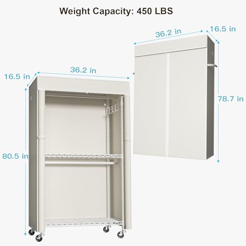 White Clothing Rack with Beige Cover, P1C Rolling Closets | Metal Garment Rack for Hanging Clothes, Clothing Storage Wardrobe, with Wheels - color: White Rack With Beige Cover