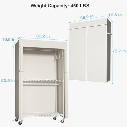 White Clothing Rack with Beige Cover, P1C Rolling Closets | Metal Garment Rack for Hanging Clothes, Clothing Storage Wardrobe, with Wheels - color: White Rack With Beige Cover