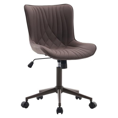 YOUTASTE Armless Office Desk Chair with Wheels, Adjustable Swivel Vanity Chair, PU Leather Upholstered, Ergonomic Back Support, Modern All Brown Computer Chair for Home Office, Bedroom, Study - color: All Brown