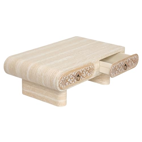 39.4" Rounded Edge Coffee Table with Flower Pattern Solid Wood Drawer for Living Room, Rectangular MDF Wooden Center Table Tea Table for Apartment, Beige - color: 39.4" Rounded Edge Coffee Table With Flower Pattern,beige