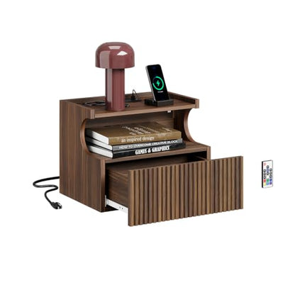 SoBuy Floating Nightstand with Charging Station and LED – Wall Mounted Bedside Table with Drawer and Shelf, Modern Floating Nightstand for Bedroom and Living Room, Walnut Wood Finish FBT180-E-N - color: Walnut, size: Wall Mounted