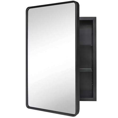 18x26 Medicine Cabinet with Mirror, Bathroom Storage Cabinet Mirror | Wall-Mounted or Recessed, Black Metal Frame, Adjustable Glass Shelves, Bathroom Vanity Mirror with Storage - size: 18"W x 26"H