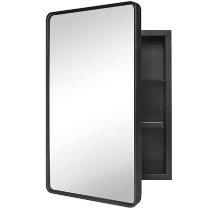 18x26 Medicine Cabinet with Mirror, Bathroom Storage Cabinet Mirror | Wall-Mounted or Recessed, Black Metal Frame, Adjustable Glass Shelves, Bathroom Vanity Mirror with Storage - size: 18"W x 26"H