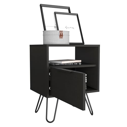 Tuhome Augusta Nightstand, Small Night Stand with Storage Drawer & Open Shelf, 22.2" Tall Narrow Bedside Table on Metal Hairpin Legs, Engineered Wood, Black or Light Oak - color: Black