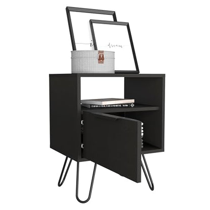 Tuhome Augusta Nightstand, Small Night Stand with Storage Drawer & Open Shelf, 22.2" Tall Narrow Bedside Table on Metal Hairpin Legs, Engineered Wood, Black or Light Oak - color: Black