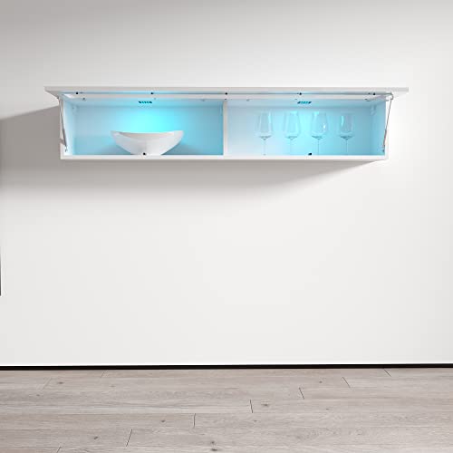 Meble Furniture Floating Media Cabinet Type-51 — Wall-Mounted Storage with LED Lighting — High Gloss Finish, 47.2 x 11.8 x 11.8 inches — White
