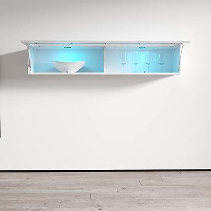 Meble Furniture Floating Media Cabinet Type-51 — Wall-Mounted Storage with LED Lighting — High Gloss Finish, 47.2 x 11.8 x 11.8 inches — White