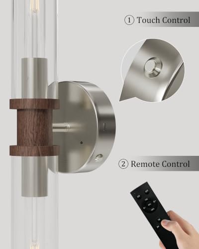 Rayogale Nickel & Walnut Wireless Battery Operated Wall Sconces with Remote | Glass Rechargeable Wall Lights Set of 2 with Timer Function Dimmable for Living Room Bedroom Emergency 3000K, 20.5 Inch - color: Nickel & Walnut(Clear Tubular Lampshade)