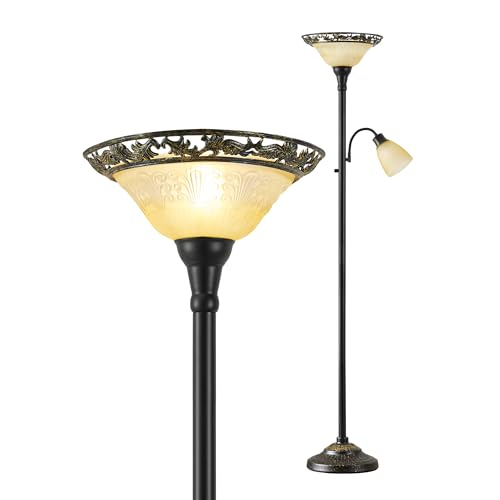Luvkczc Torchiere Floor Lamps for Living Room, 70" Tall Standing Lamp | Etched Glass Shade, Metal Pole, with Adjustable Gooseneck Reading Light, Vintage tall lamp for Bedroom, Corner, Home Decor - color: Black,Yellow 2