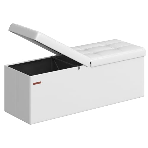 SONGMICS MAZIE Collection - 43 Inches Storage Ottoman Bench with Flipping Lid, Storage Chest with Iron Frame Support, Load 660 lb, for Living Room, Bedroom, Synthetic Leather, White ULSF75WT - color: White, size: 15"D x 43"W x 15"H, style: Classic