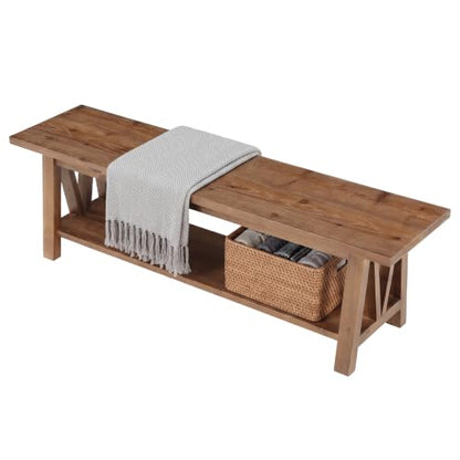 LITTLE TREE 55" Solid Wood Entryway Bench with Storage Shelf | Farmhouse Rustic Shoe Storage Bench Seat for Hallway, Living Room, Bedroom & Mudroom