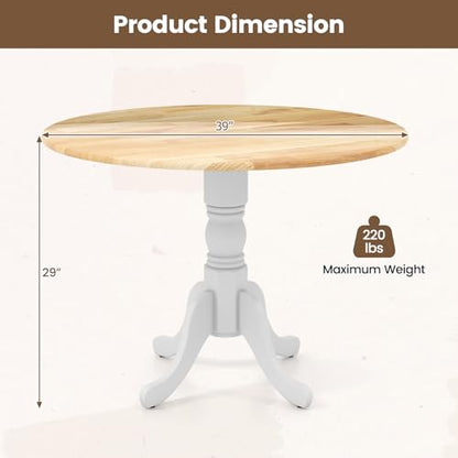 COSTWAY Round Dining Table for 4, 39-inch Wooden Kitchen Table With Solid Rubber Wood Frame, Curved Trestle Legs, Adjustable Foot Pads, Mid Century Rustic Dinning Table for Living Room (Natural+White) | Curved Trestle Legs, Adjustable Foot Pads, Mid Centu