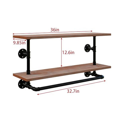 Clothes Rack 36in, 2 Tier Wall Mounted Garment Rack with Real Wood Shelf, Heavy Duty Hanging Clothes Rack, Multi-Purpose Hanging Rod, Space-Saving Closet Storage - color: Brown, size: 2T36IN