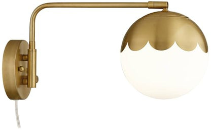 Camila 8 1/4" Brass and Glass Globe Plug-In Modern Wall Lamp Light Fixture | Indoor Swing Arm Antique Metal Dimmable Shade for Bedroom Bedside House Reading Living Room Hallway Dining - color: Brass - Single