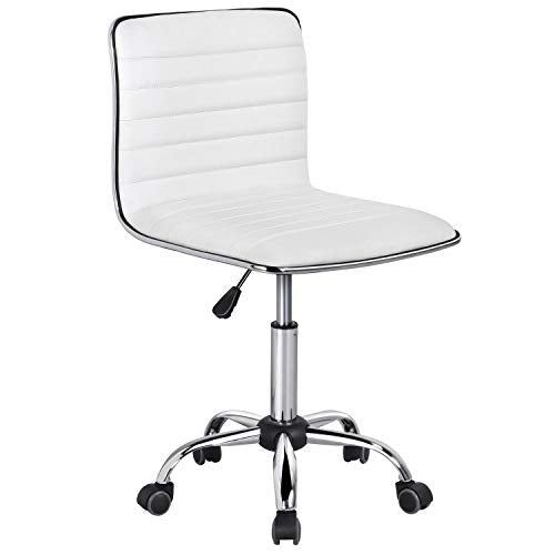 Topeakmart Ribbed PU Leather Armless Desk Chair, Swivel Task Chair, White | Cushioned ribbed PU leather low-back seat slides neatly under desks. Seat height adjusts 18.3–24.2 in, quick assembly for use - color: White