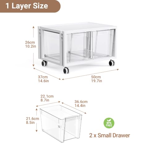 Stackable Storage Drawer Carts, Extra Large Bins 1 Tier 2 Drawers | Smooth Pull-Out Drawers, Clear Plastic Storage Organizer Container For Home Office Bedroom Bathroom Art Crafts Under Desk - size: 1 Tier 2 Drawer