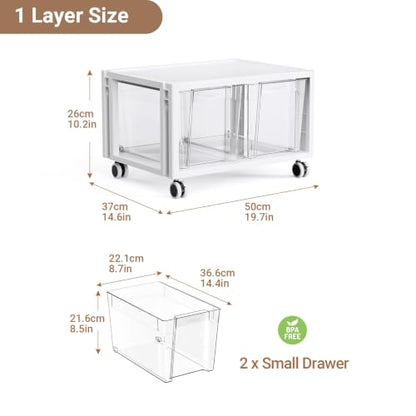 Stackable Storage Drawer Carts, Extra Large Bins 1 Tier 2 Drawers | Smooth Pull-Out Drawers, Clear Plastic Storage Organizer Container For Home Office Bedroom Bathroom Art Crafts Under Desk - size: 1 Tier 2 Drawer