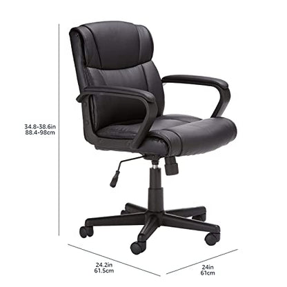 Amazon Basics Office Task Chair with Adjustable Height, 360° Swivel, Padded Armrests, Mid-Back, Rolling, 275 Pound Capacity, 24.2"D x 24"W x 34.8"H, Black Faux Leather - color: Black