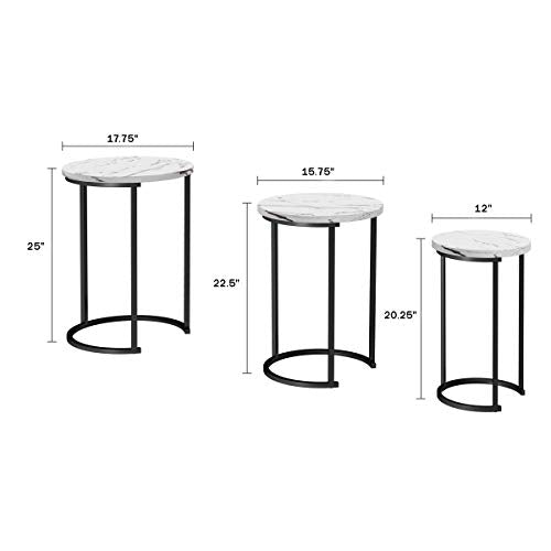Lavish Home Round Nesting Tables Set of 3, Faux Marble Tabletop, White | 25”H / 22.5”H / 20.25”H Modern Side Tables, Space Saving Accent Table Set, for Living Room, Bedroom, Dorm or Home Office - color: White Marble