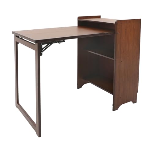 Folding Desk with Storage Shelves, Vintage Fold Out Hideaway Small Desks, Bamboo Bookcase with Drop Down Table, Hidden Desk Cabinet for Bedrooms, Study Rooms, Student Dormitories