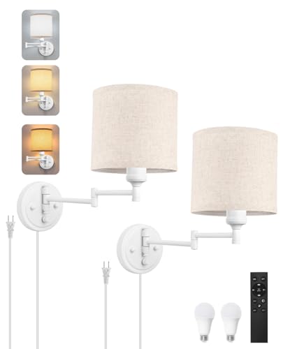 GOODATE Plug in Wall Sconces with Remote Control, Dimming, Adjustable Colors 2700K-6500K, Hardwire or Plug-in, Swing Arm Wall Lamp with Linen Fabric Shade, Wall Sconces Set of Two, White Finish - color: White & Linen