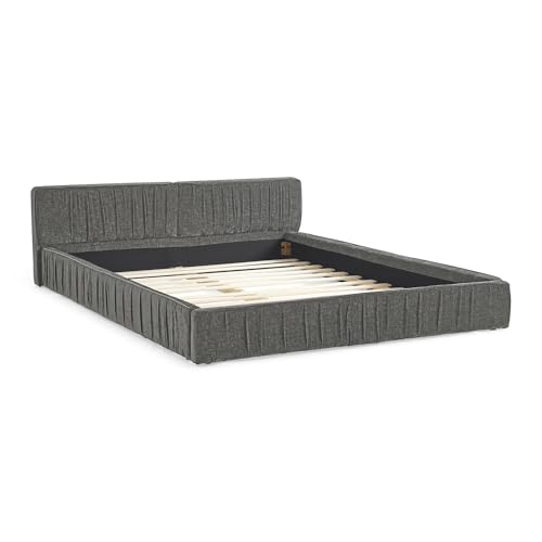 Queen Size Upholstered Bed Frame, Modern Grounded Bed with Solid Wood Slats, Pleated Headboard, Sturdy Construction, No Box Spring Needed, Grey (Grey, Queen) - color: Grey