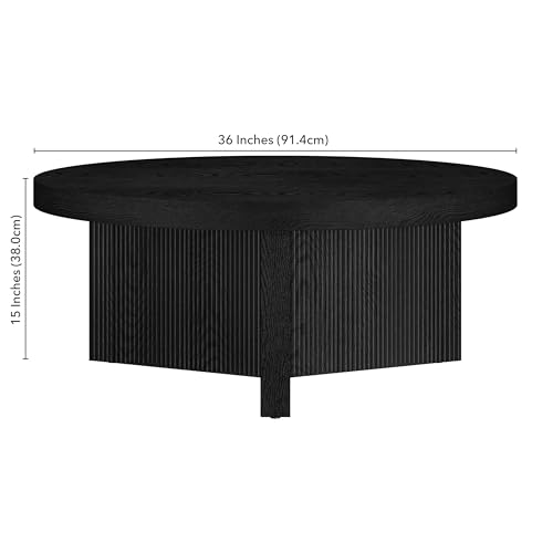 Henn&Hart 36" Scandinavian Fluted Coffee Table, Natural Black | Ribbed pedestal base and low profile bring Scandinavian style to small spaces including living rooms or family rooms - color: Natural Black, size: 36 inches