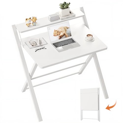 GreenForest Folding Desk No Assembly Required Large Size, 2-Tier Foldable Computer Desk with Shelf for Home Office, Space Saving Portable Laptop Study Foldable Table for Bedroom, White | Portable Foldable Table for Laptop, 2-Tier Compact with Shelf, Space