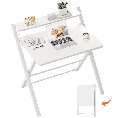 GreenForest Folding Desk No Assembly Required Large Size, 2-Tier Foldable Computer Desk with Shelf for Home Office, Space Saving Portable Laptop Study Foldable Table for Bedroom, White | Portable Foldable Table for Laptop, 2-Tier Compact with Shelf, Space