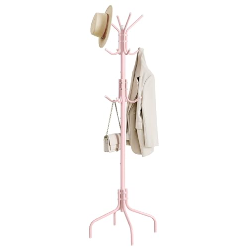 SONGMICS Coat Rack Freestanding, Steel Stand with 12 Hooks and 4 Legs | Coat Tree, Holds Clothes, Hats, and Bags, for Entryway, Living Room, Bedroom, Jelly Pink, ALAN Collection URCR031R01 - color: Jelly Pink, style: 12 hooks