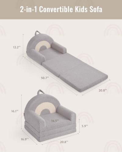 Blissful Diary Kids Couch, 2-in-1 Soft Kids Sofa, Kids Sofa Chair, Comfy Kids Furniture for Playroom, Reading & Play, Rainbow Gray - color: Rainbow Gray