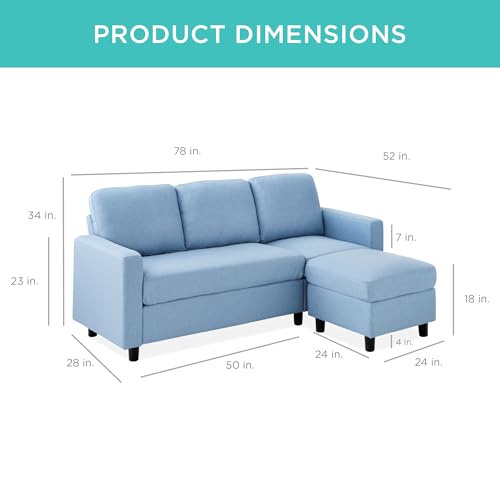 Best Choice Products Upholstered Sectional Sofa for Home, Apartment, Dorm, Bonus Room, Compact Spaces w/Chaise Lounge, 3-Seat, L-Shape Design, Reversible Ottoman Bench, 680lb Capacity - Light Blue - color: Linen - Light Blue