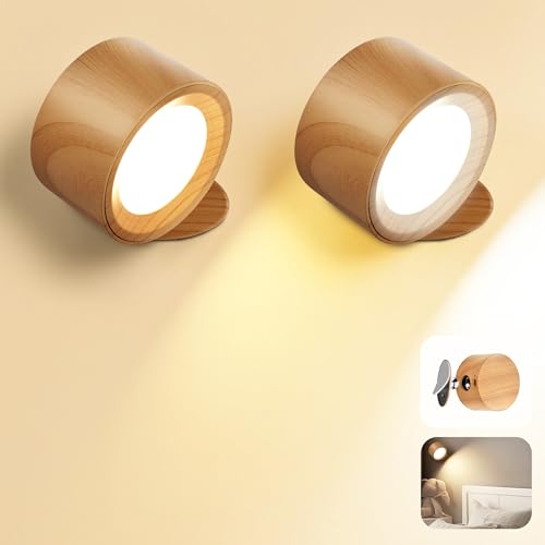 LED Wall Mounted Lamps, 3CCT Battery Operated Wall Lights, Wood-2 Pack | Rechargeable & Dimmable Wall Lights, Cordless Wall Sconces for Picture Bedside Bedroom Reading - color: Wood, size: 2 Pack