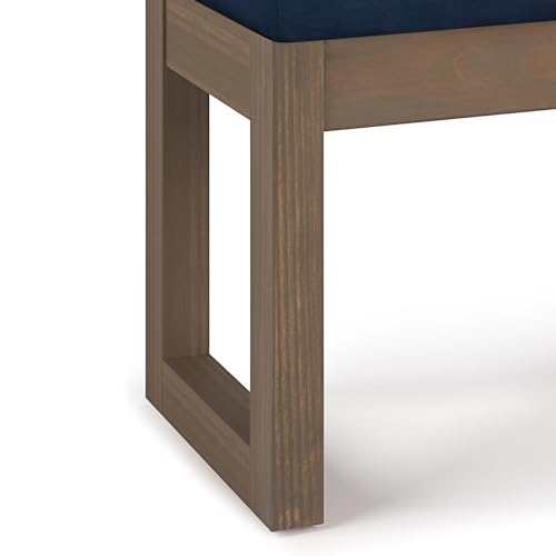 SIMPLIHOME Milltown 27" Wide Vegan Leather Rectangle Ottoman in Dark Blue | Distressed dark blue, contemporary ottoman, footstool or footrest with a cushioned seat for extra seating in the bedroom. - color: Distressed Dark Blue, style: Small Ottoman Bench