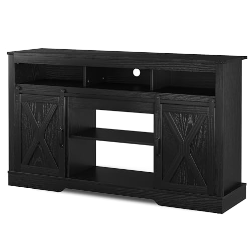 RoyalCraft Farmhouse Fireplace TV Stand for 65+ Inch TV, Entertainment Center with 23" Electric Fireplace with Remote, 34" Tall Modern Rustic TV Console with Sliding Bar Door for Living Room, Black - color: Black, style: Electric Fireplace Included