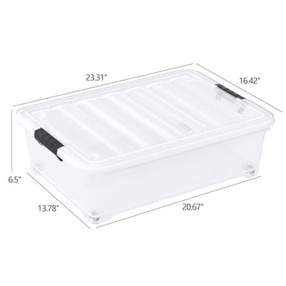 25 Quart Clear Plastic Underbed Storage Bins with Wheels, 4 Packs | Stackable Plastic Under Bed Latching Organization Box with Lids - size: 25 Quart