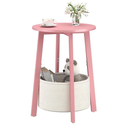 sthmec Small Round Side End Table with Cloth Storage Basket, Round Bedside Sofa Couch Coffee Tables for Small Places with Metal Frame, Modern Nighstands for Living Room Bedroom, Pink - color: Pink