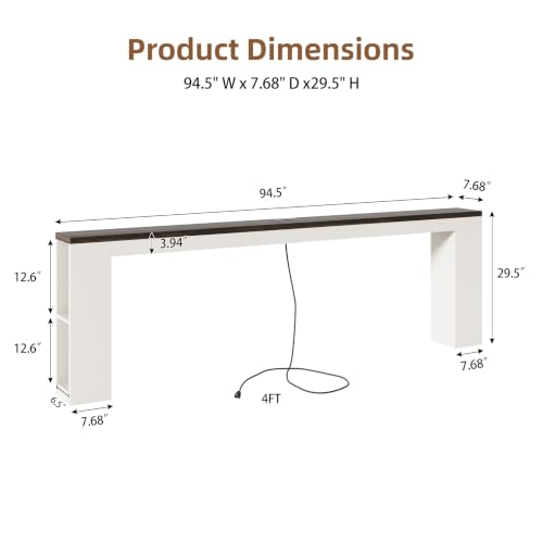 94.5" Behind Sofa Couch Table with Outlet & Side Shelves, White | Extra Long Console, 94.5"L, Narrow Console Table with USB Charging & Storage Shelf, Skinny for Entryway Hallway - color: White