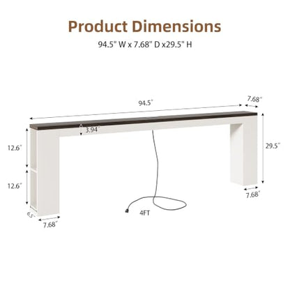 94.5" Behind Sofa Couch Table with Outlet & Side Shelves, White | Extra Long Console, 94.5"L, Narrow Console Table with USB Charging & Storage Shelf, Skinny for Entryway Hallway - color: White