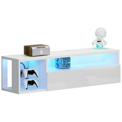DlandHome 39.3" W Floating TV Stand with LED, Wooden Entertainment Center | Wall-Mounted Media Console, Floating Shelf for Under TV Wall Mount with Storage Shelves for Bedroom Living Room, White - size: 39.3'' White