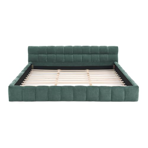 Chenille Fabric Upholstered Platform Bed Frame with Soft Headboard, Modern Low Profile Grounded Design, No Box Spring Needed, Sturdy MDF & Wood Frame, Neutral Style (Blue green, King (U.S. Standard)) - color: Blue Green, size: King (U.S. Standard)