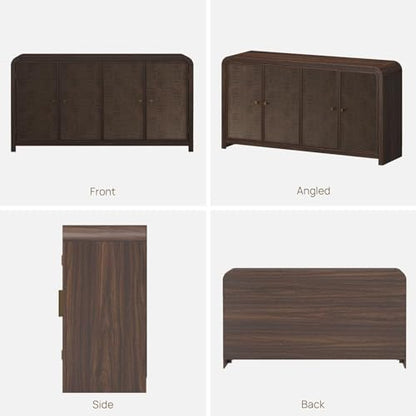 Oak&Sparrow Oak Rattan Sideboard Buffet Cabinet, 60'', 4 Doors | Boho Style, Adjustable Shelves, With Storage, For Living Room, Hallway & Kitchen - color: Dark Walnut