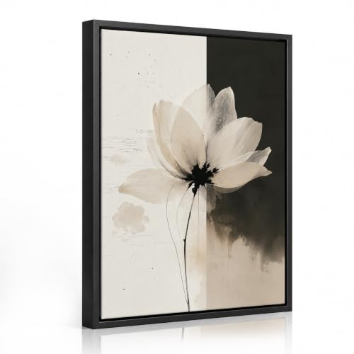 Framed Abstract Wall Art, Black and Beige Minimalist Canvas Print | Lotus Bloom Modern Soft Neutral-toned Ink-style Wall Decor, Artwork for Bedroom, Living Room and Dining Room, 16×20 Inch - color: Lotus Bloom, size: 20"L x 16"W