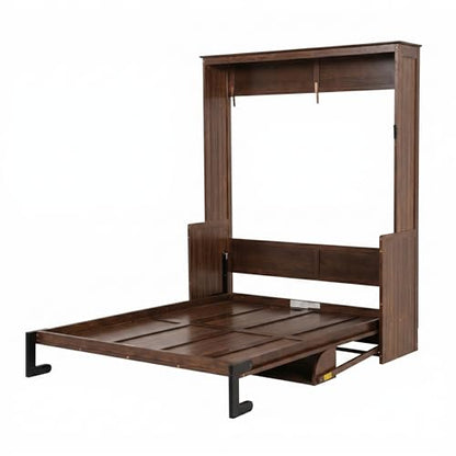 SOFTSEA Queen Size Murphy Wall Bed Frame with Desk, Walnut | Space-Saving Hidden Wall Bed with Desk, Gas Struts, Vertical Murphy Bed Cabinet for Guest Room Home Office - color: Walnut