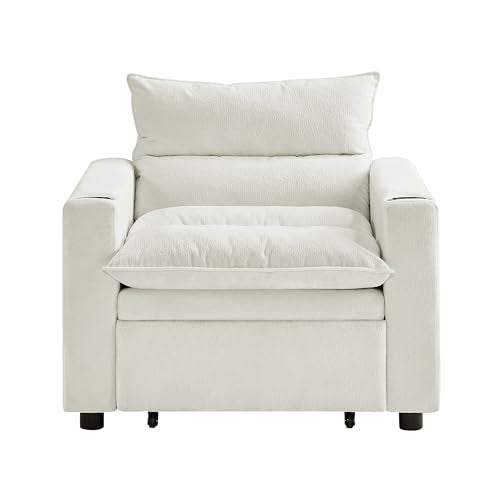 Eafurn 3-in-1 Convertible Sleeper Chair Bed Recliner Daybed w/Adjustable Backrest, Velvet Upholstered Pull Out Reading Chairs Modern Futon w/Cup Holders for Small Spaces Living Room - color: Beige 36.14"